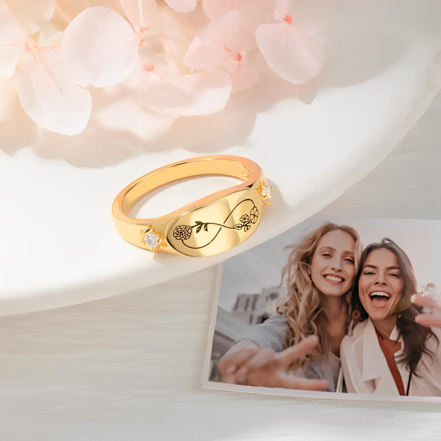 Custom Infinity 2 Birth Flowers Ring with Inner Engraving