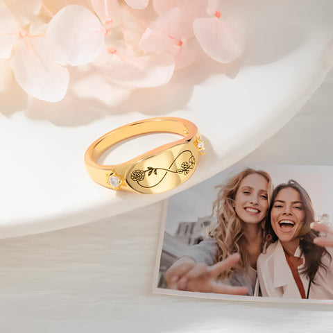 Custom Infinity 2 Birth Flowers Ring with Inner Engraving