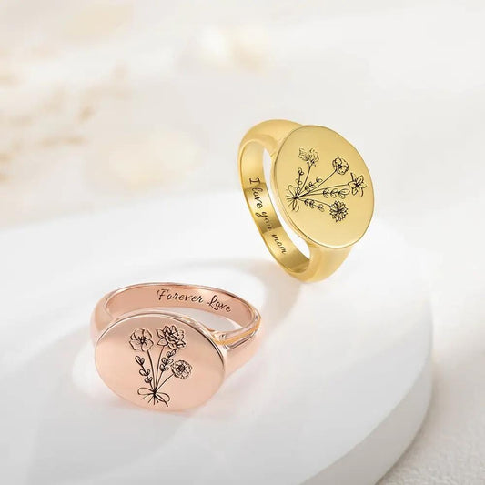 Custom Engraving Signet Ring with Multiple Birth Flowers