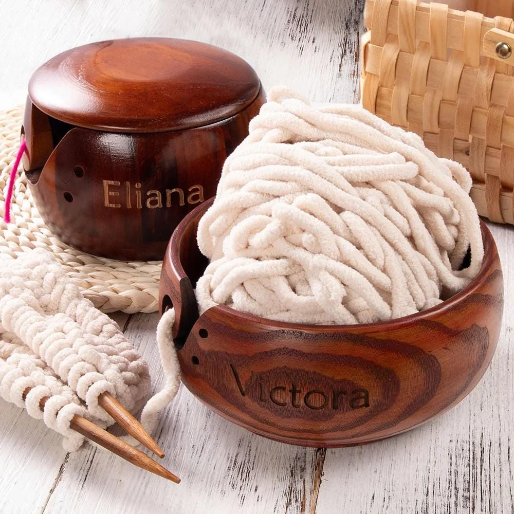 Personalized Name Wooden Yarn Bowl for Knitting & Crochet