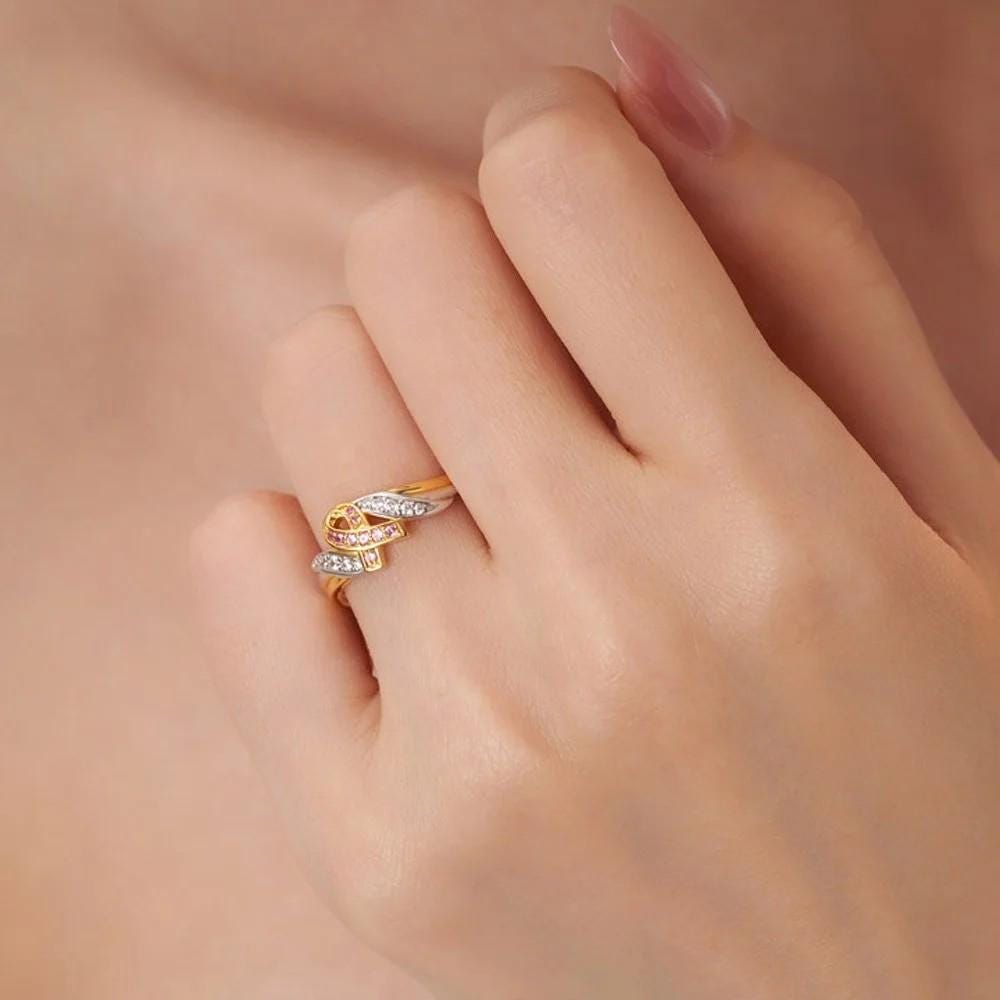 Custom Breast Cancer Ribbon Ring with Custom Inner Engraving
