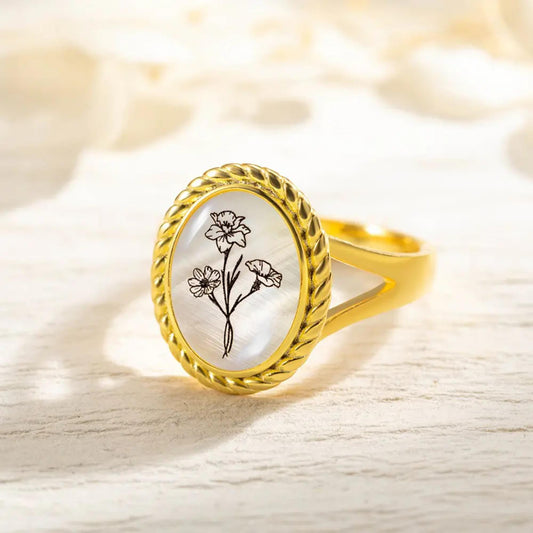 Mother of Pearl Style Birthflower Engraved Signet Ring