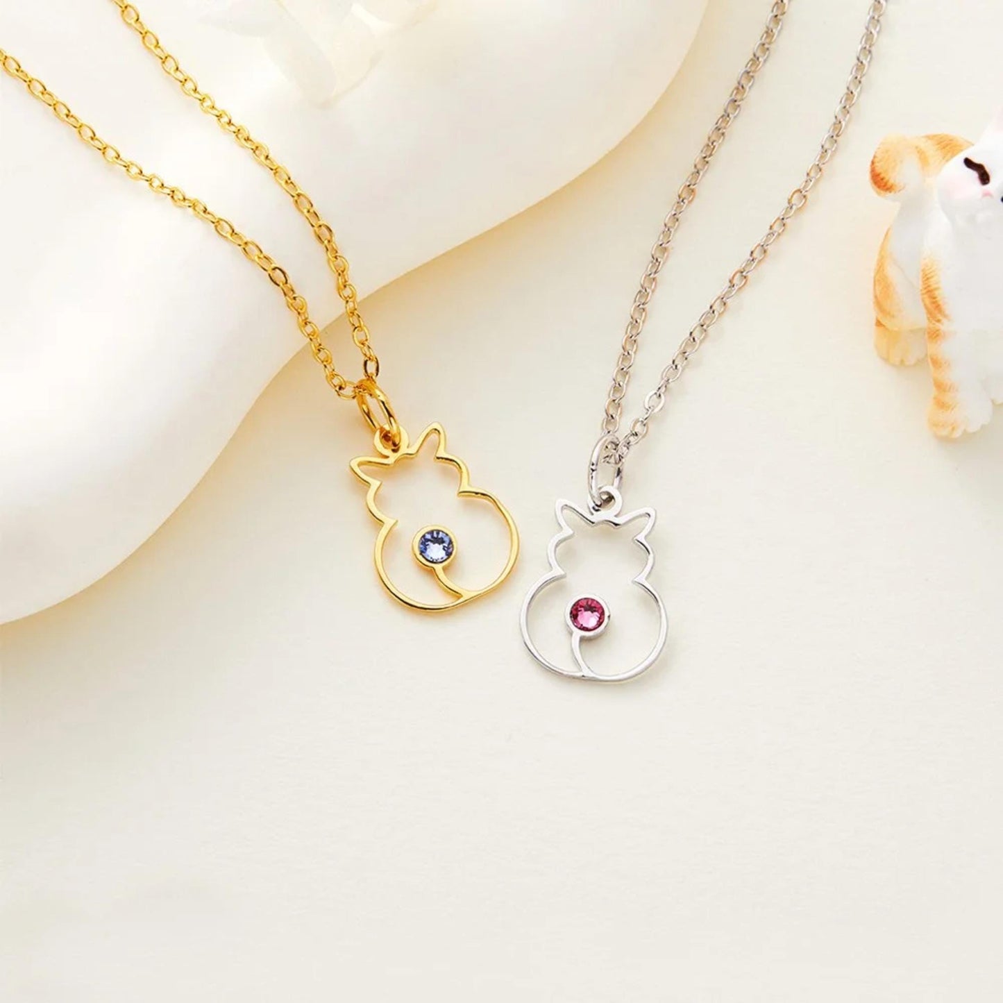 Personalized Cat Silhouette Necklace with Birthstone