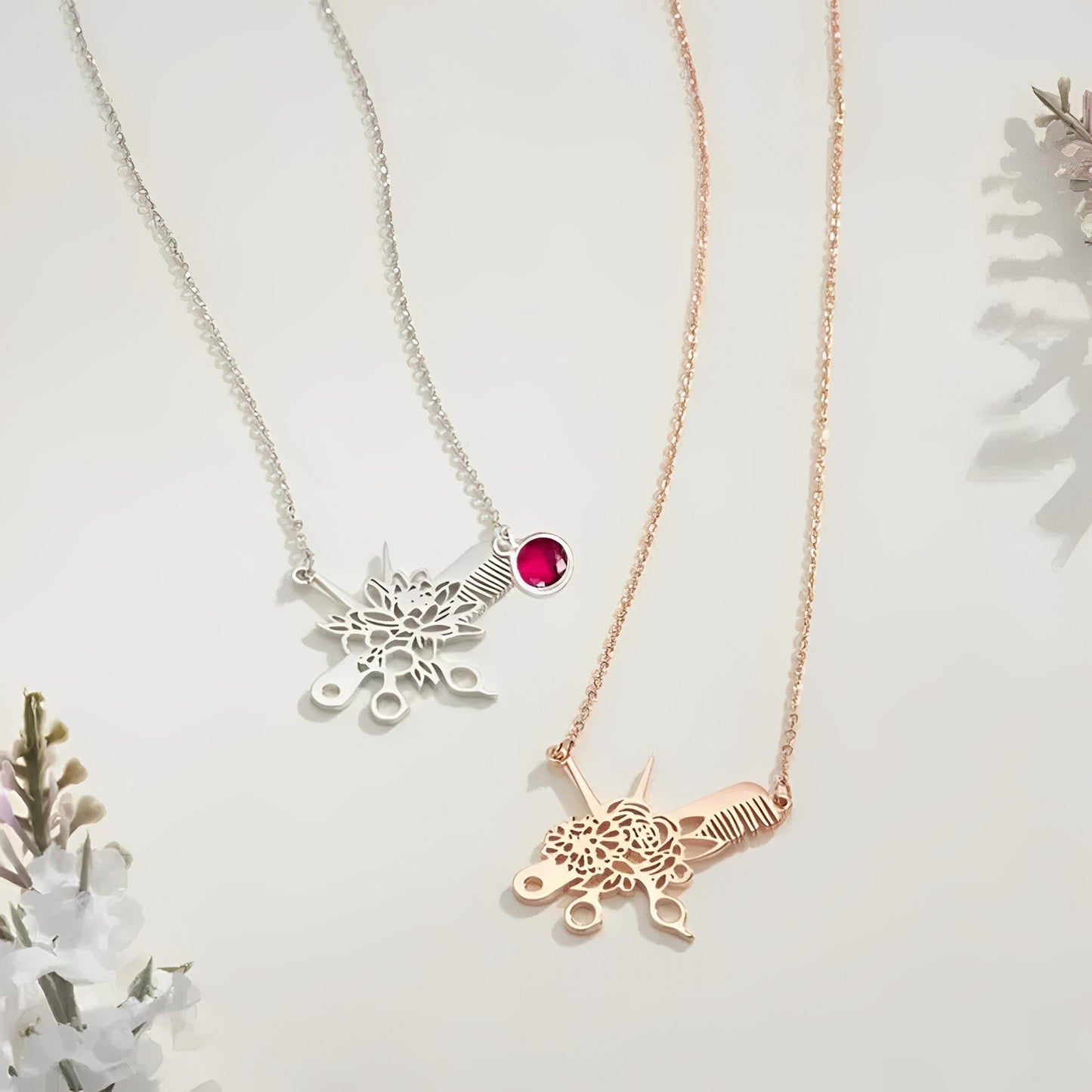 Hairdresser Scissors Necklace with Personalized Birth Flower and Birthstone