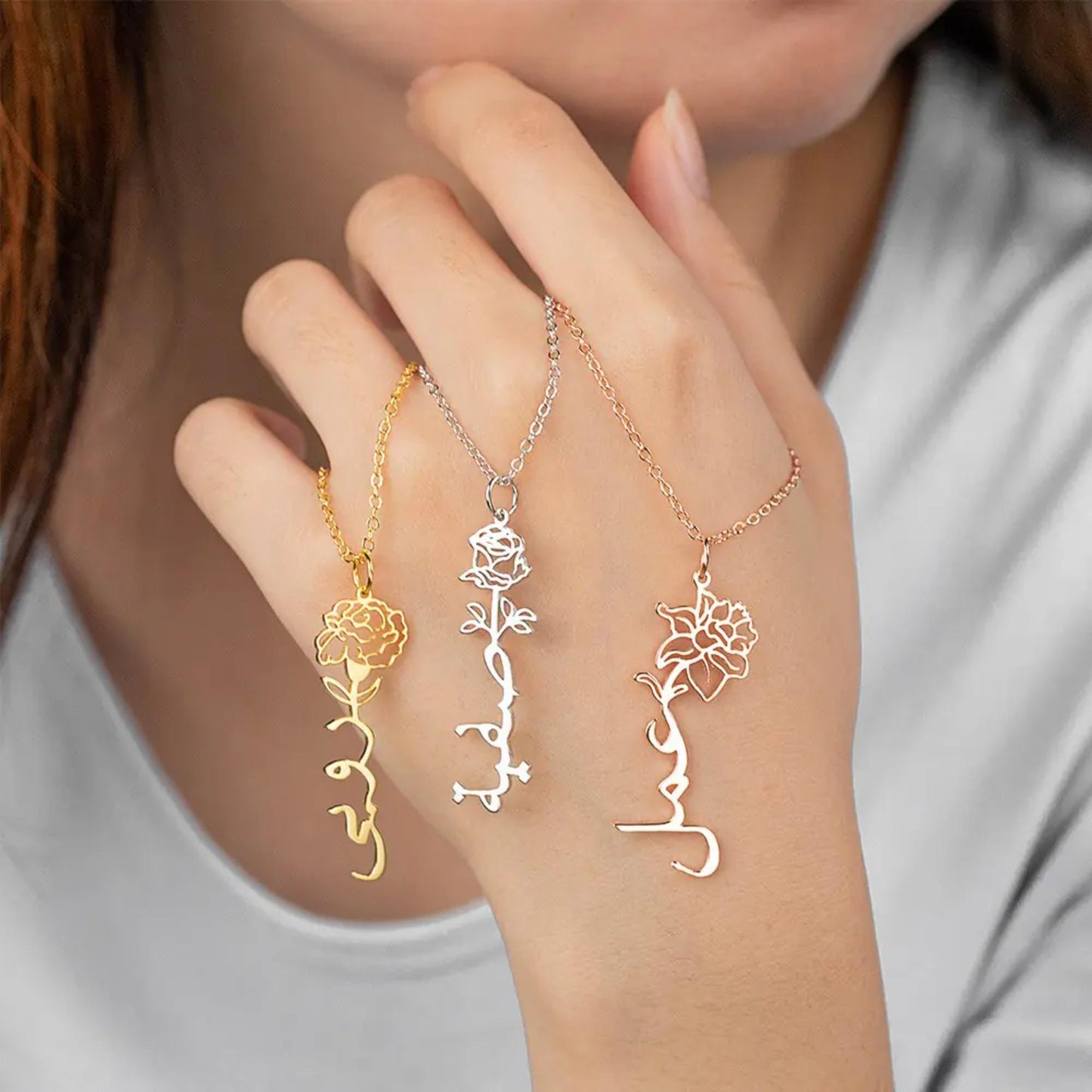 Custom Arabic Name Birth Flower Necklace