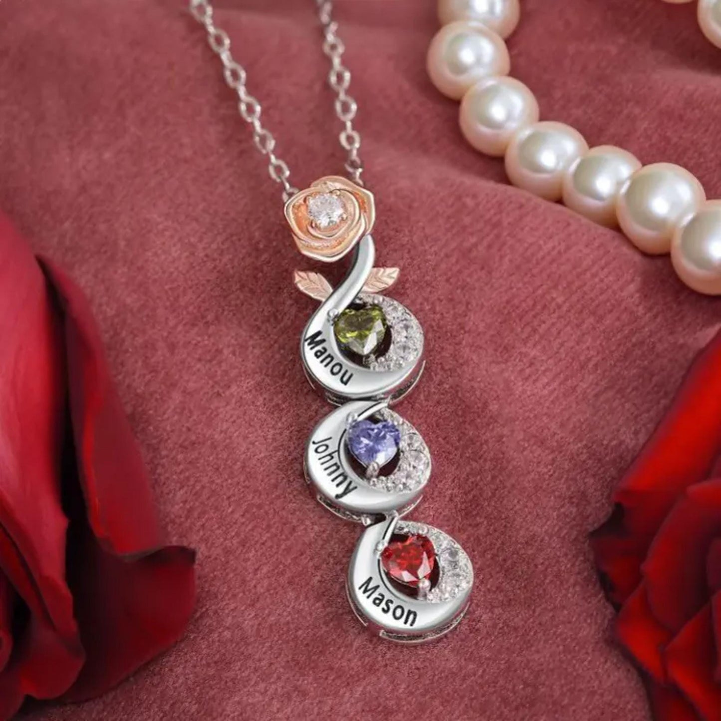 Custom Birthstone Necklace with Name & 3D Rose Pendant