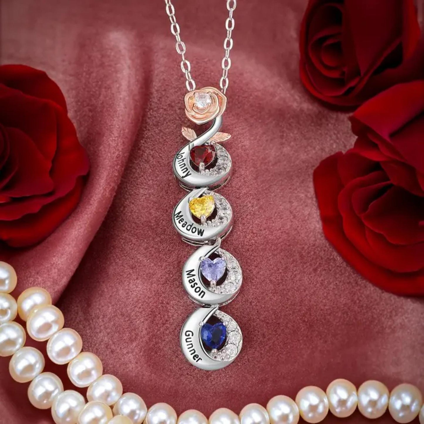 Custom Birthstone Necklace with Name & 3D Rose Pendant