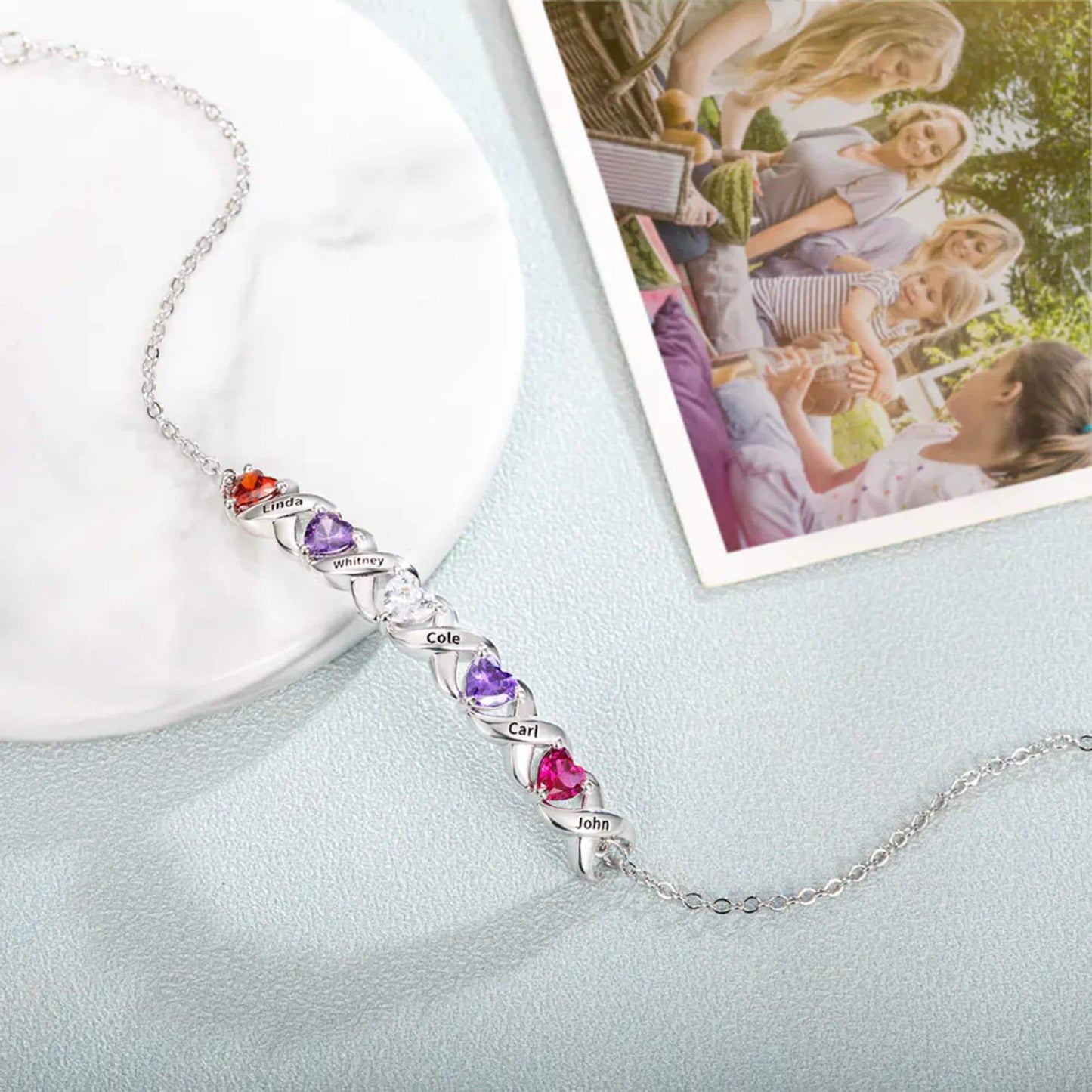 Custom Birthstone Bracelet with 2-7 Hearts & Engraved Names