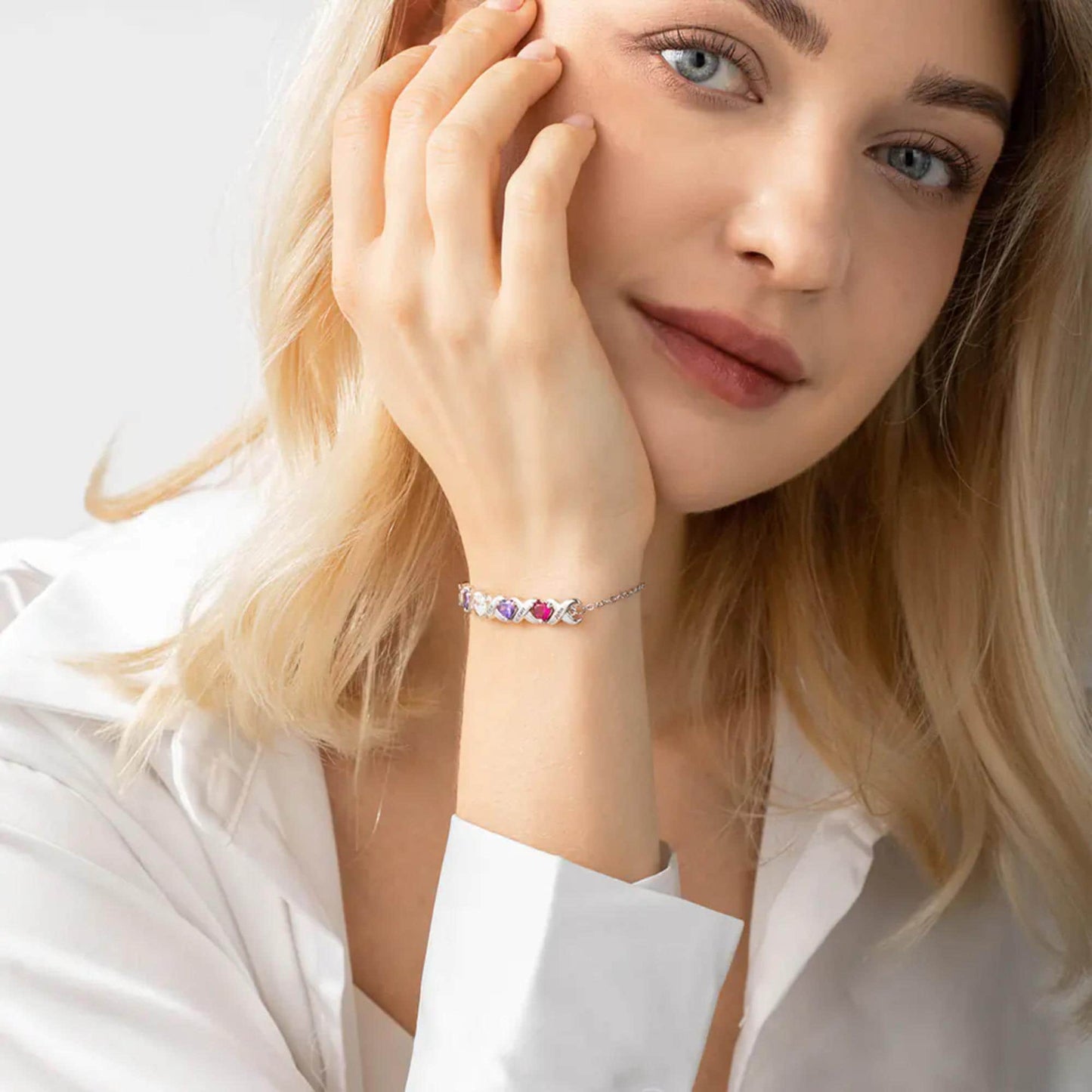 Custom Birthstone Bracelet with 2-7 Hearts & Engraved Names