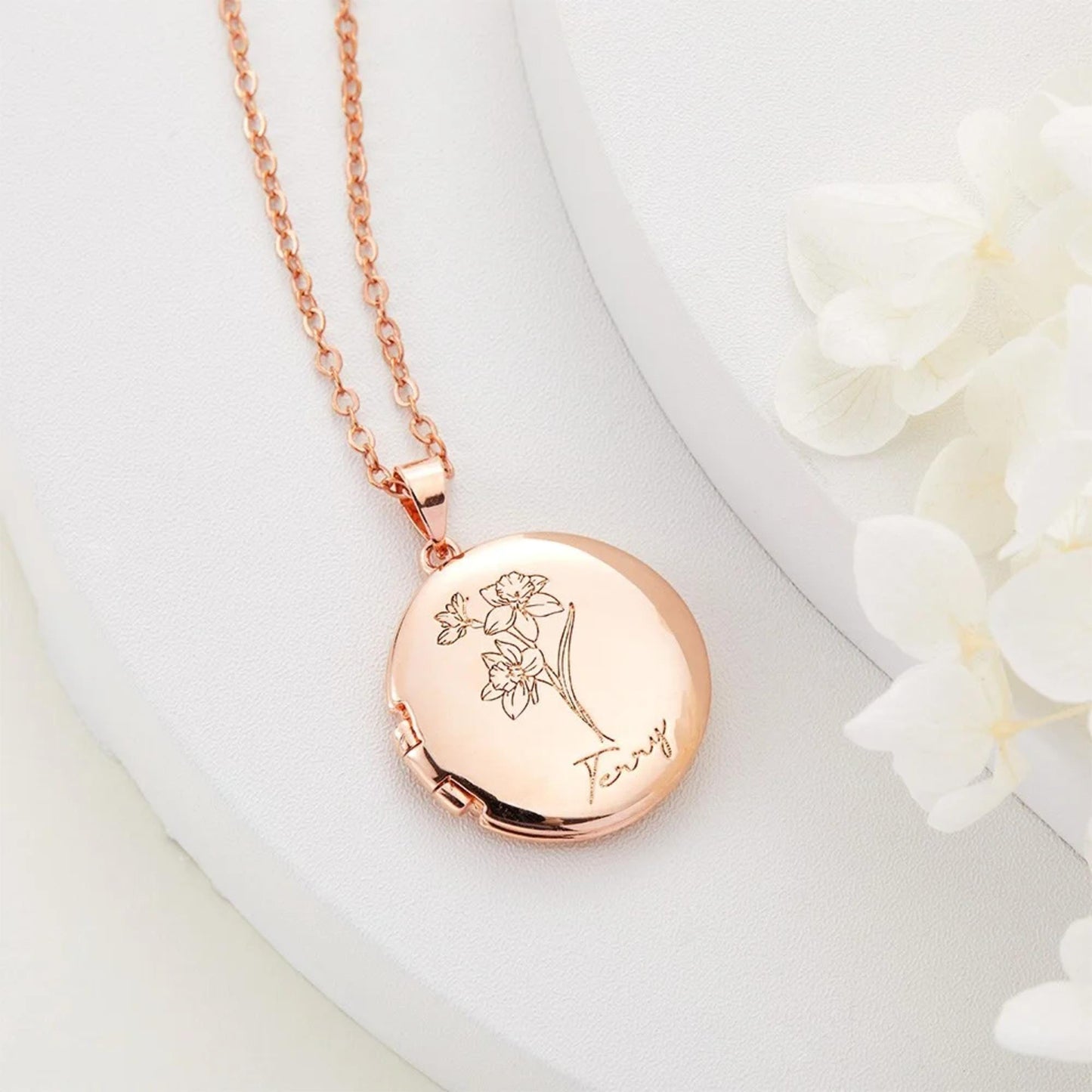Custom Birth Flower Round Photo Locket Necklace