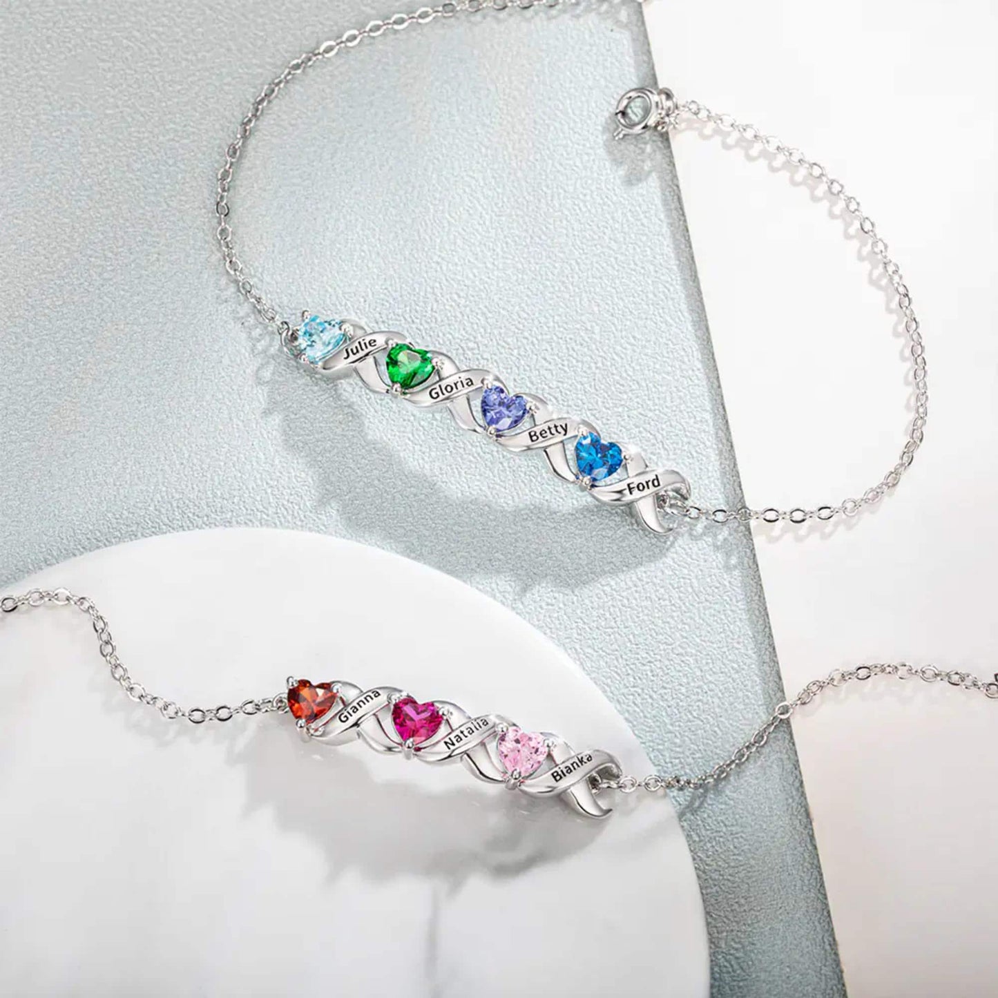 Custom Birthstone Bracelet with 2-7 Hearts & Engraved Names