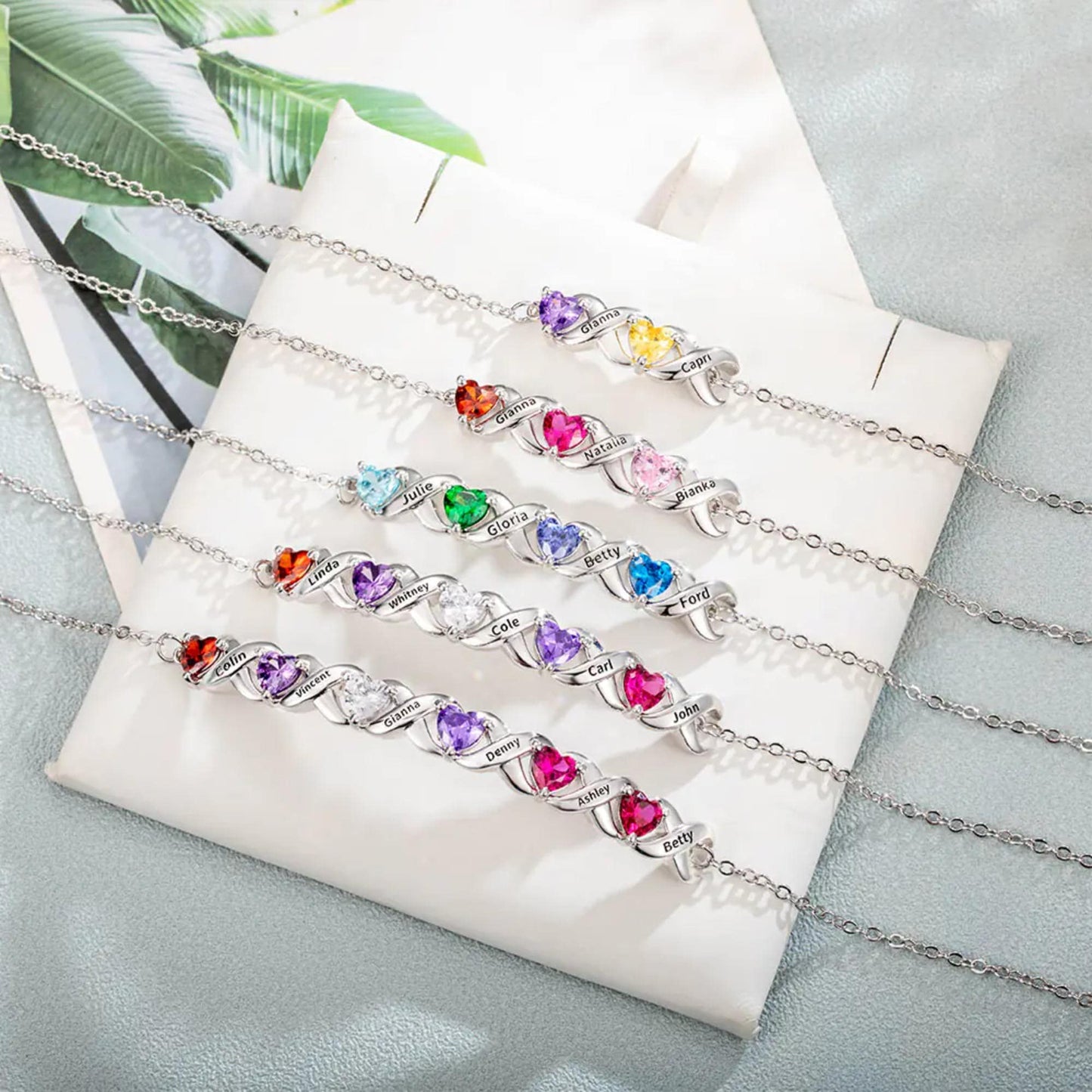 Custom Birthstone Bracelet with 2-7 Hearts & Engraved Names