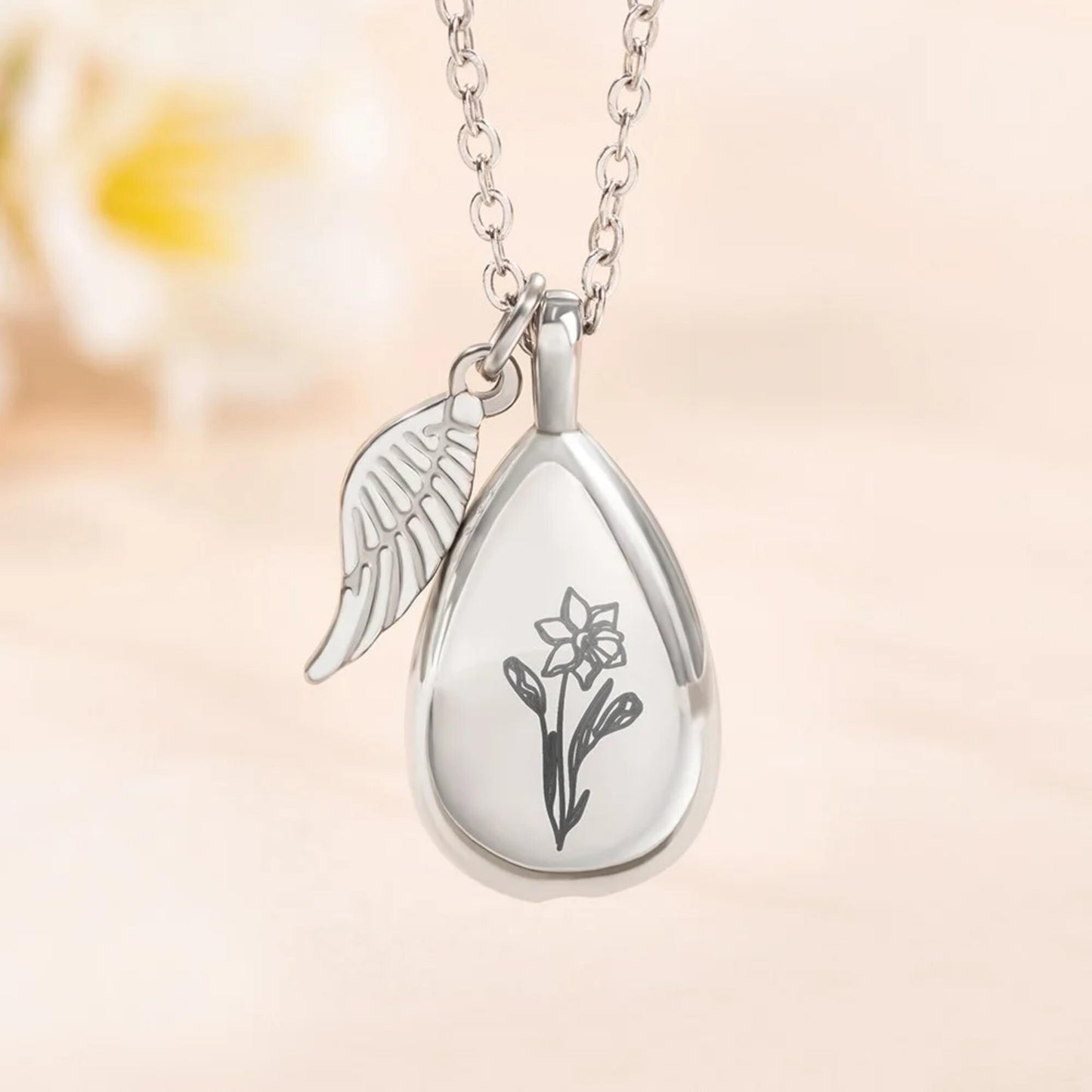 Custom Birth Flower Urn Necklace with Wing