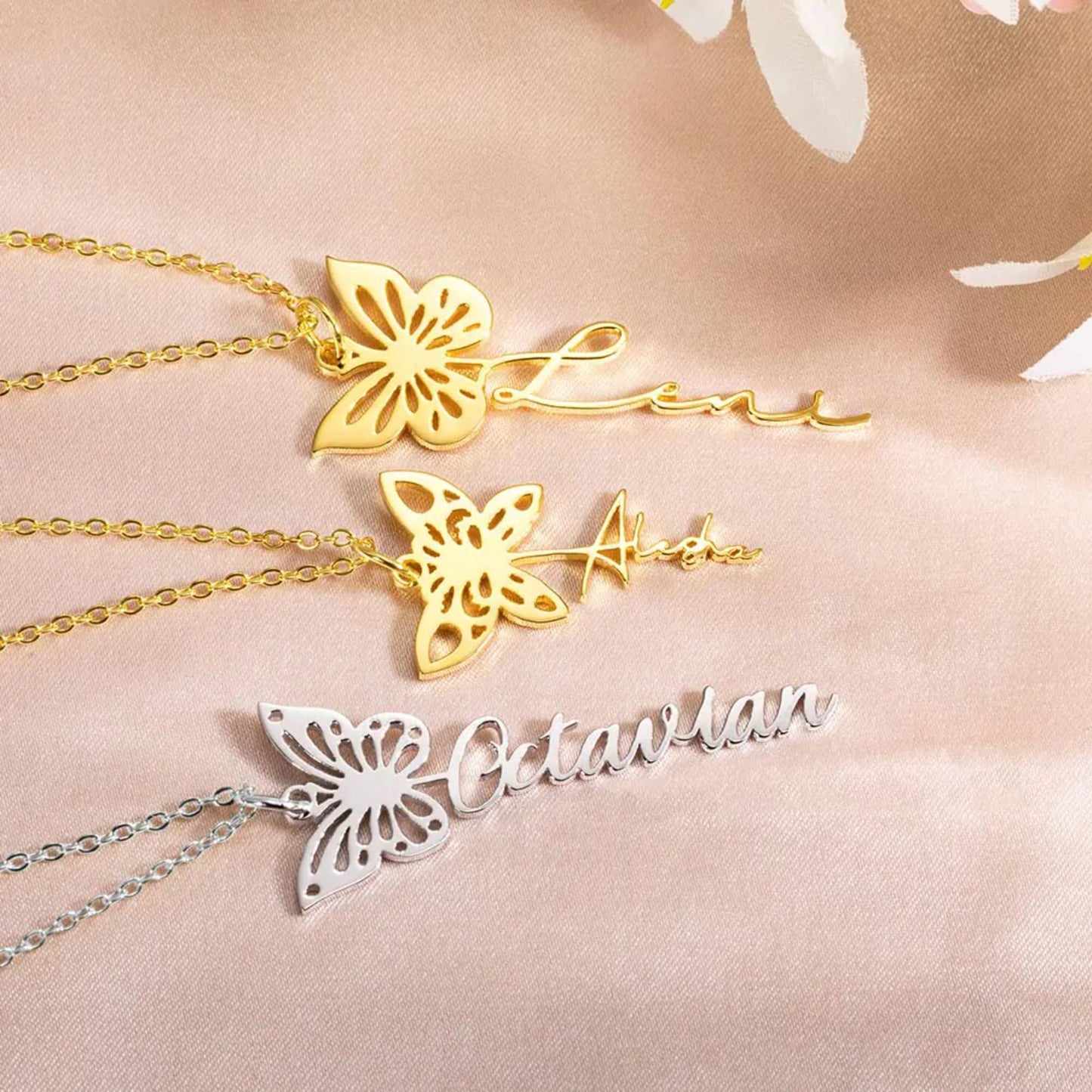 Custom Dainty Birth Butterfly Name Necklace