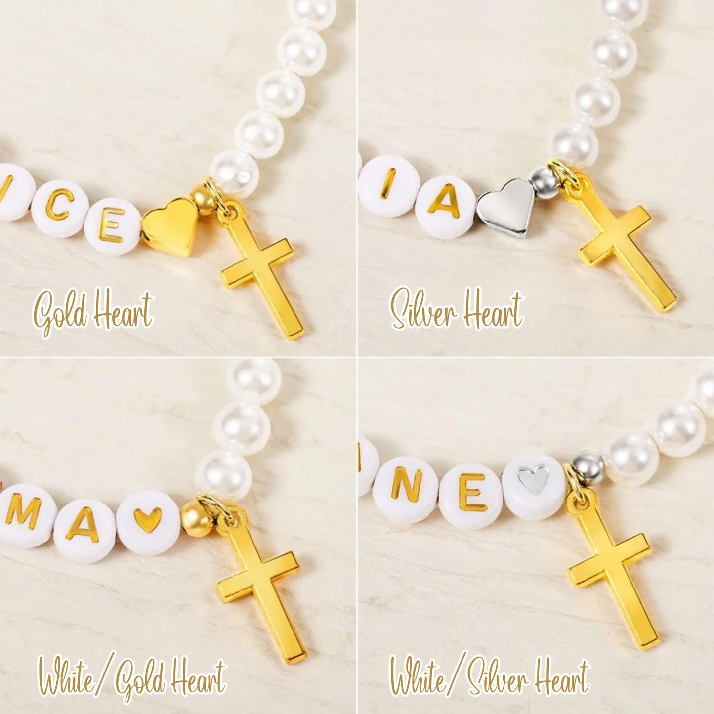 Name Beaded Gold Cross Bracelet with Faux Pearls & Initials