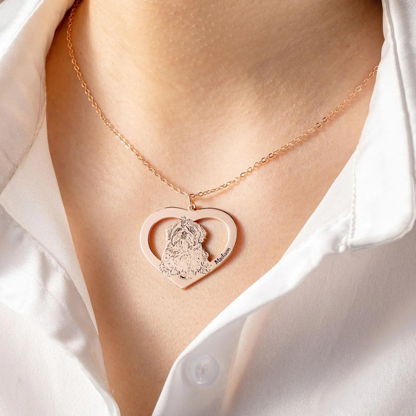 Pet Portrait Necklace Heart Pendant with Engraved Name