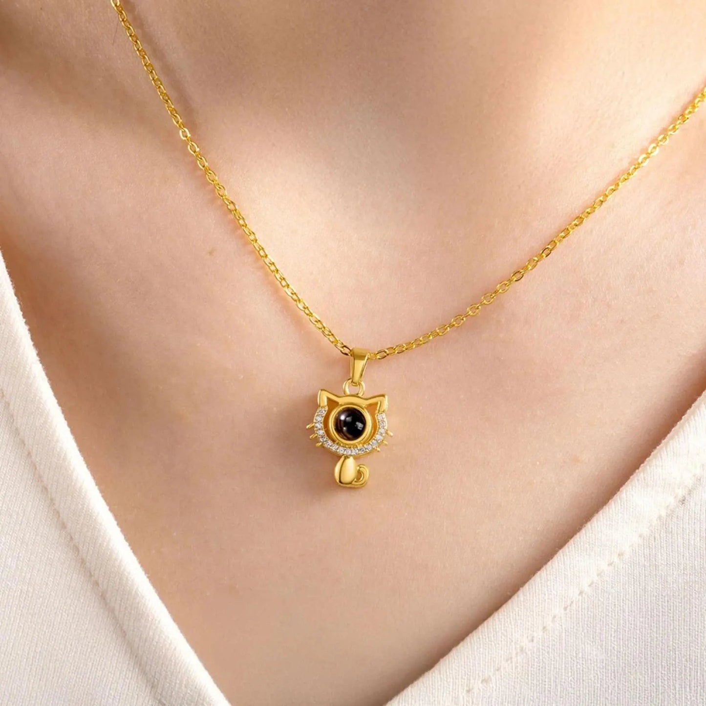 Photo Projection Cat Pendant Necklace with Cubic Zirconia