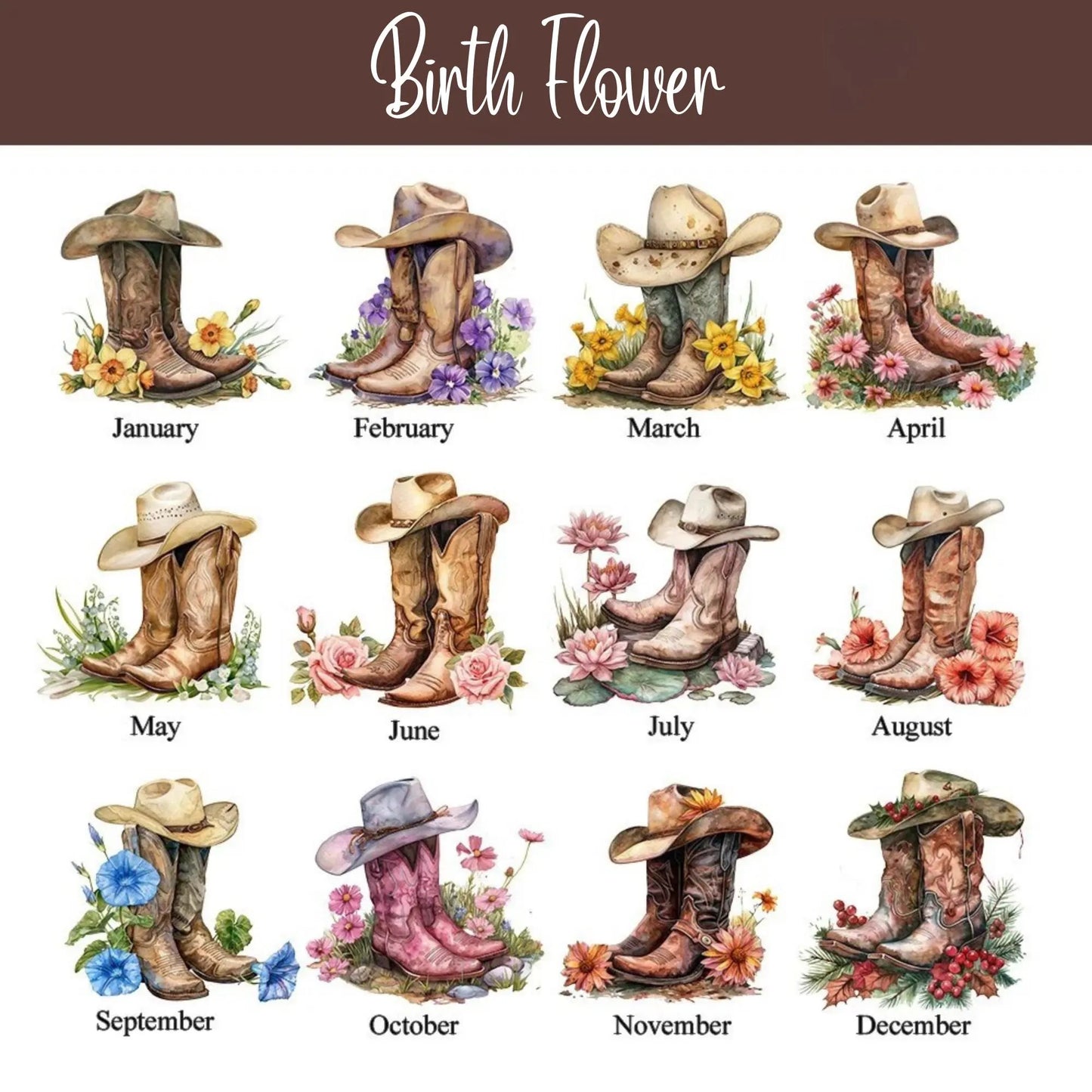 Custom Birth Flower Cowgirl Boots Leather Makeup Bag