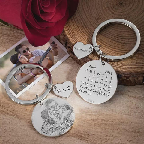 Custom Photo Engraved Keychain with Calendar & Heart Charm