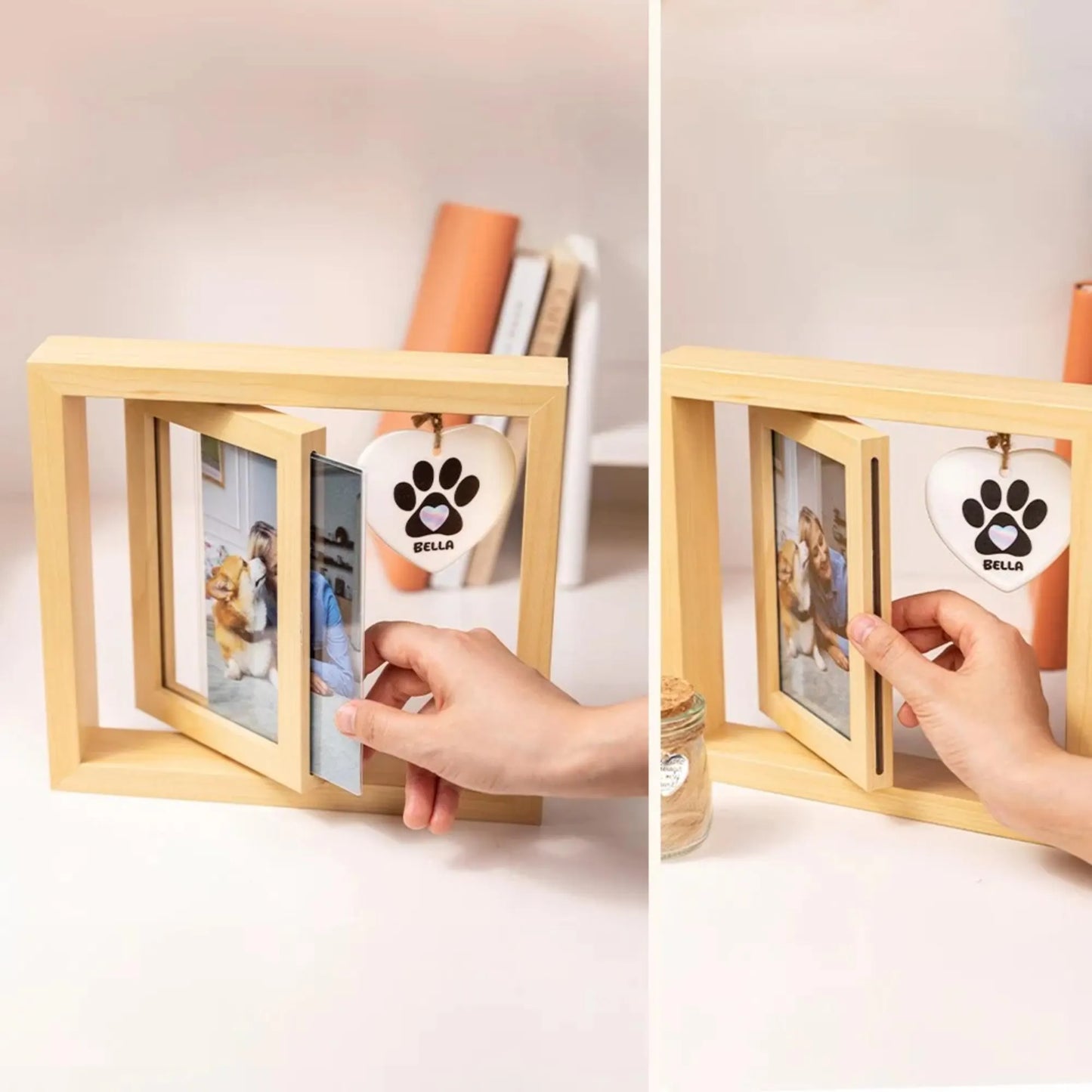 Wooden Pet Photo Frame with Paw Print Charm & Pet Ashes Jar