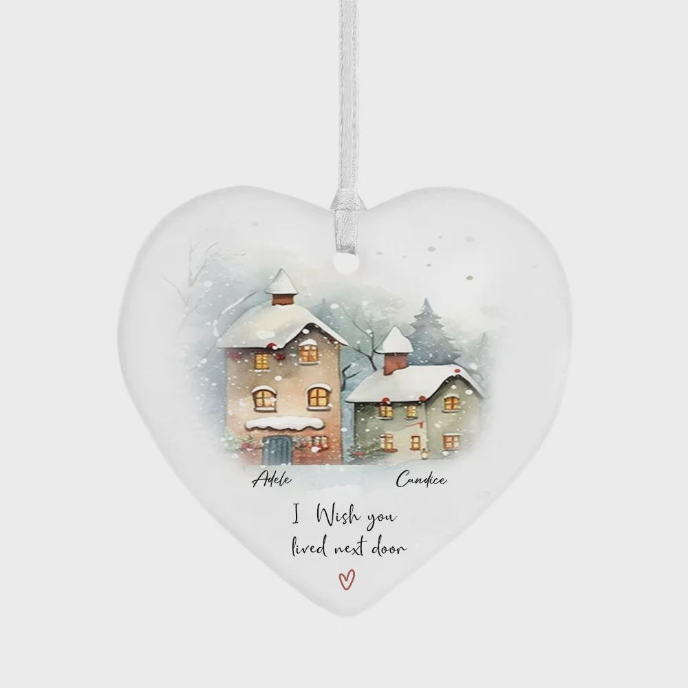 Individuell gestalteter Weihnachtsschmuck „Ich wünschte, du würdest nebenan wohnen“, personalisiertes Keramik-Aquarell-Weihnachtsgeschenk für Freunde und Familie in der Ferne