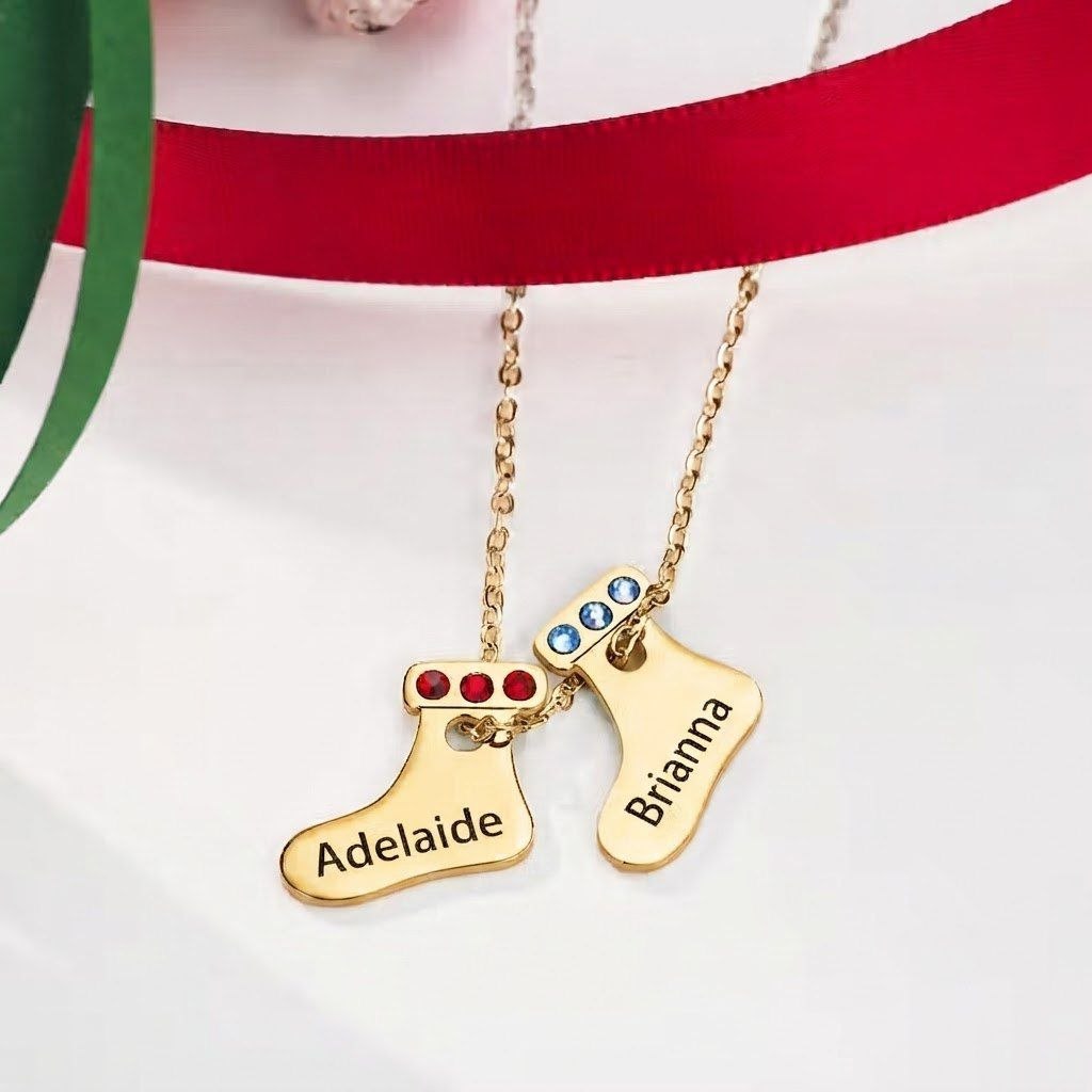 Custom Holiday Stocking Charms Necklace with Birthstone & Name