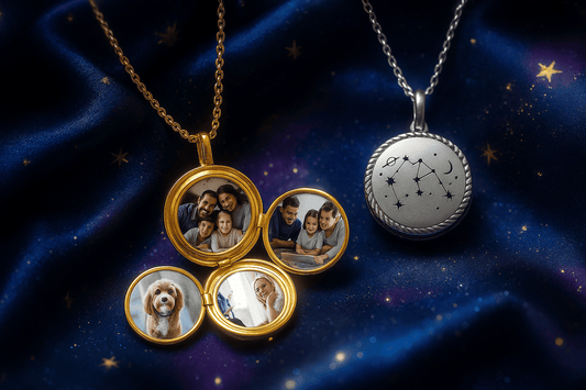 Gold personalized lockets with family photos and constellation pendant on cosmic starry background