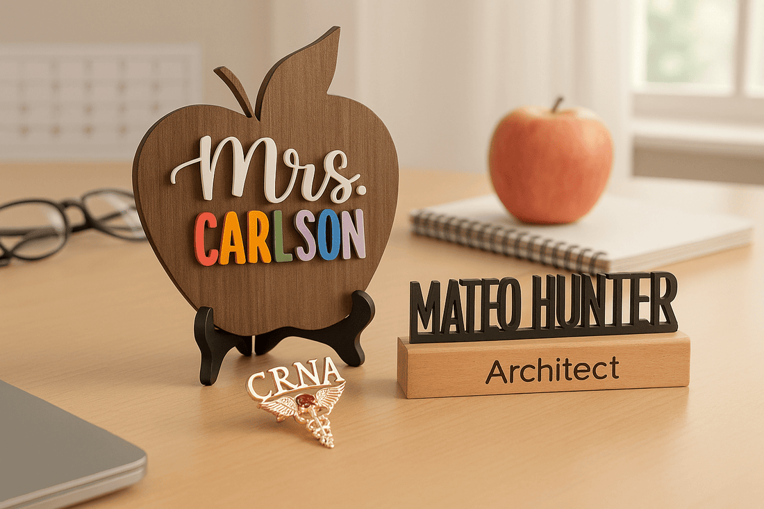Personalized career gifts display featuring wooden apple nameplate reading Mrs. Carlson for teacher, custom architect desk nameplate reading Mateo Hunter, and gold CRNA medical caduceus pin with gemstone on professional desk with notebook, apple and glass