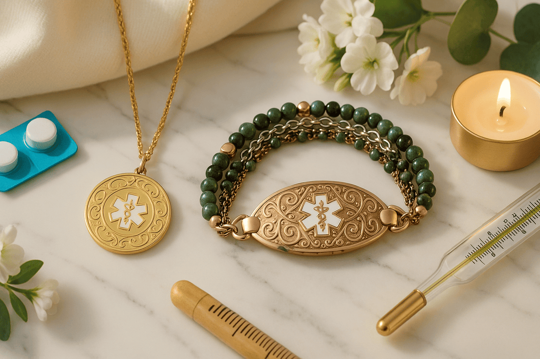 Cute medical jewelry set featuring gold medical alert necklace with engraved caduceus symbol and green beaded medical ID bracelet with ornate gold plate displayed on marble with flowers, candle, medication pills and thermometer