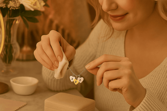 Woman cleaning custom jewelry necklace with heart charms using soft polishing cloth demonstrating proper jewelry care routine in warm cozy home setting