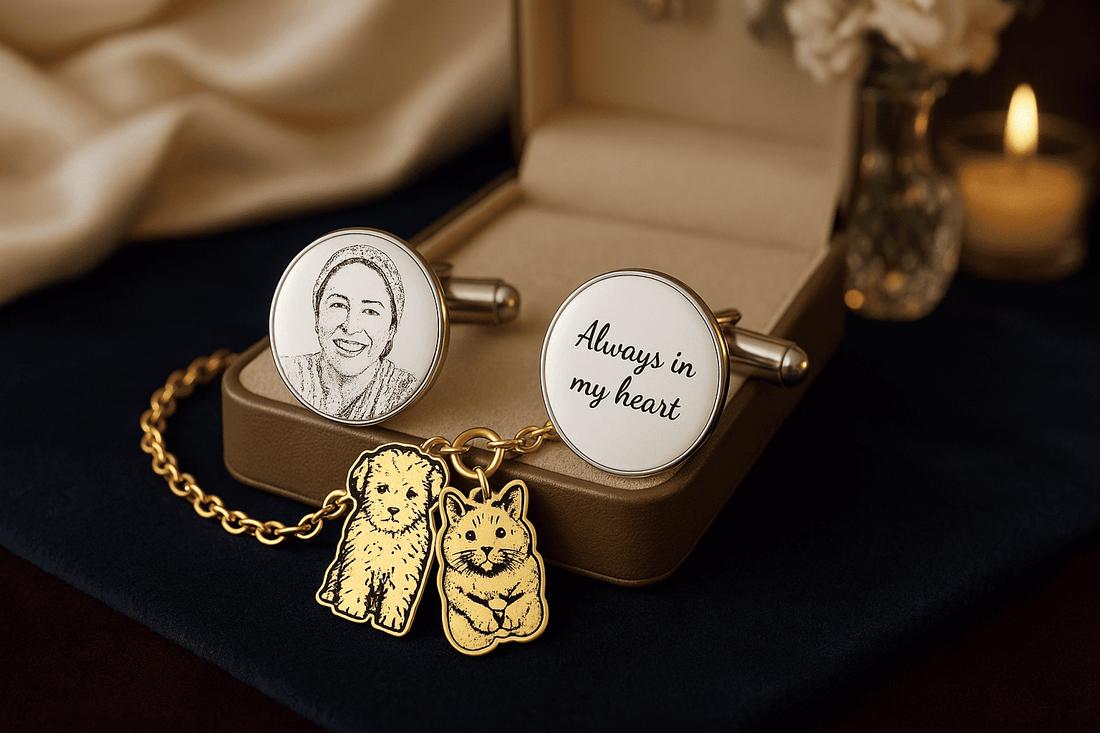 Custom portrait jewelry set featuring silver photo cufflinks with engraved portrait and 'Always in my heart' message alongside gold pet portrait charm bracelet with dog and cat engravings on luxurious navy velvet with candlelight