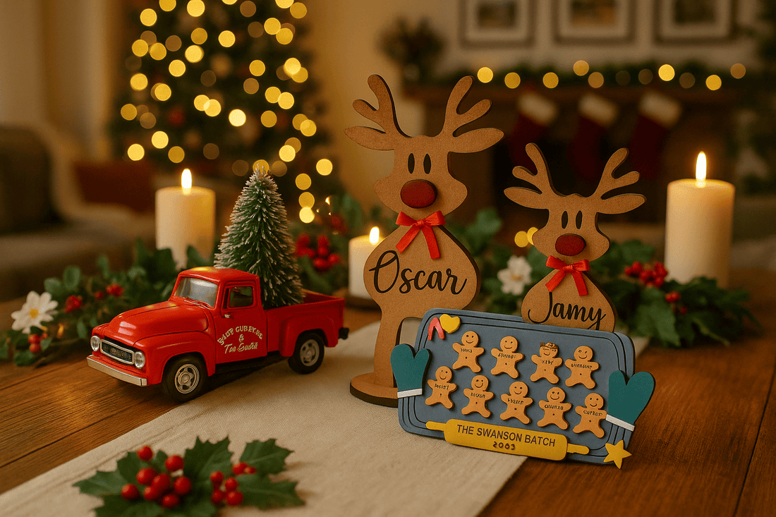 Personalized Christmas décor display featuring custom wooden reindeer family decorations with names Oscar and Jamy, gingerbread family ornament with custom names on baking sheet, and red vintage truck on wooden table with candles, Christmas tree lights an