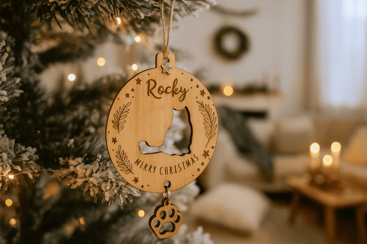 Personalized wooden cat Christmas ornament with custom name Rocky and Merry Christmas engraving with paw print charm hanging on decorated tree with warm lights, rustic Christmas decor trends 2025"