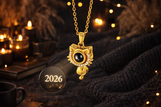 Gold cat necklace with black onyx stone and crystals on dark textured background with warm bokeh lights - 2026 jewelry trends