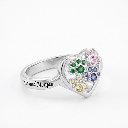 custom paw heat birthstone ring with 1 4 paws personalized birthstones paw ring pet owner paw ring with custom engraving dog mom ring