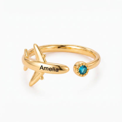 personalized airplane ring with birthstone engraving