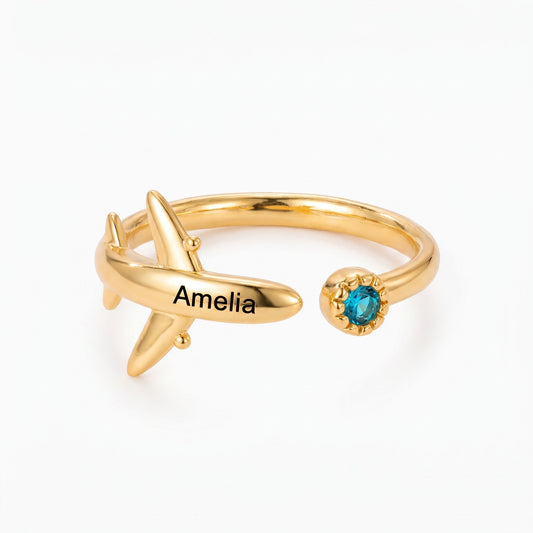 personalized airplane ring with birthstone engraving