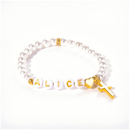 name beaded gold cross bracelet with faux pearls initials