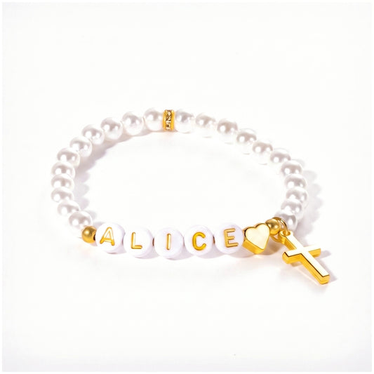 name beaded gold cross bracelet with faux pearls initials