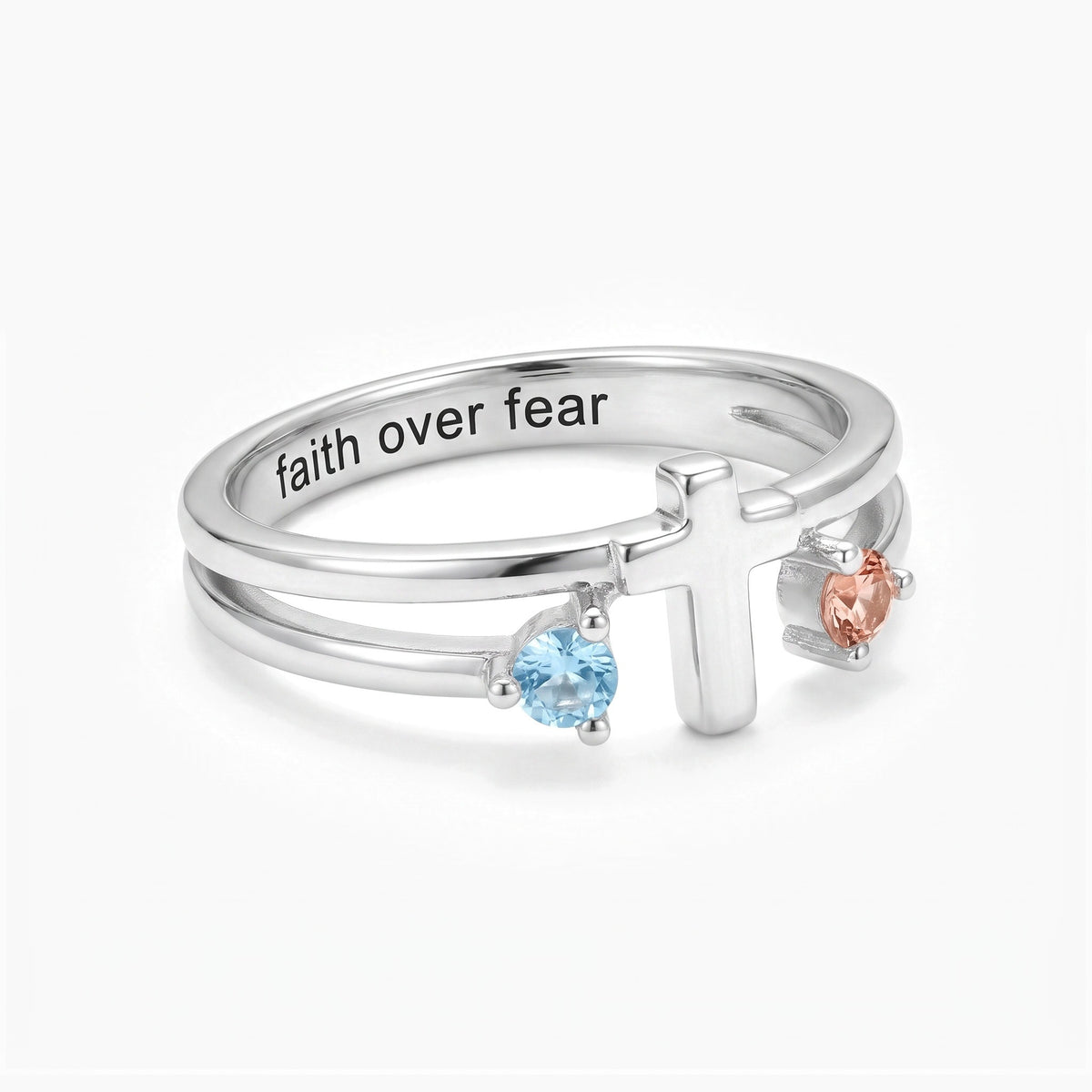 custom engraved cross ring two birthstones