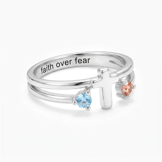 custom engraved cross ring two birthstones