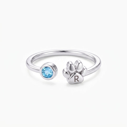 custom initial engraved tiny paw with birthstone ring