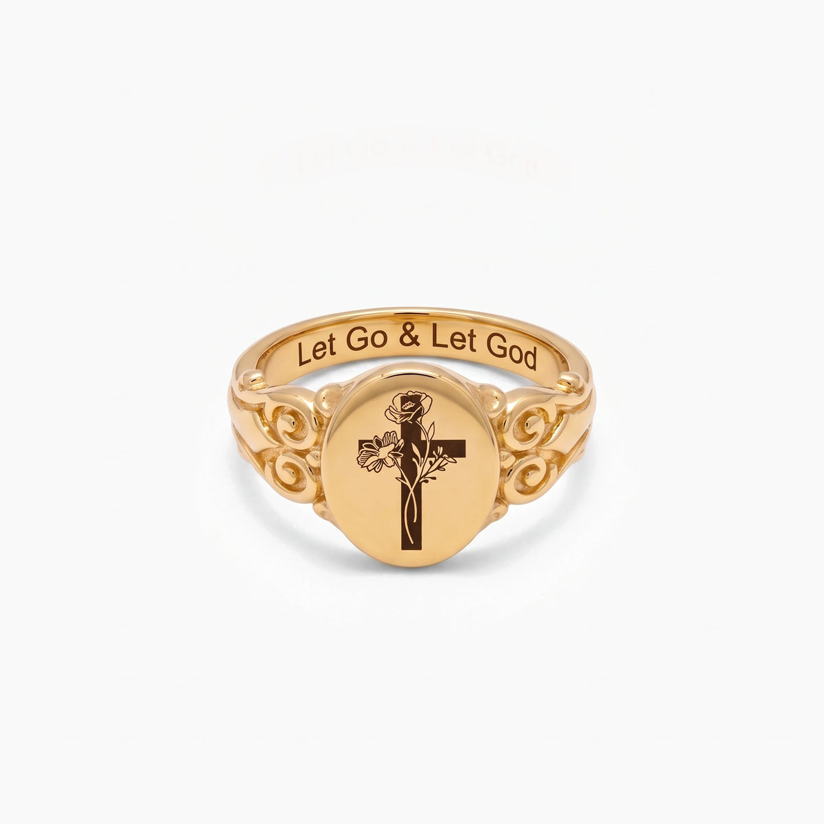 birth flower cross signet ring