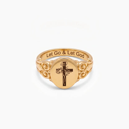 birth flower cross signet ring