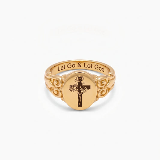 birth flower cross signet ring
