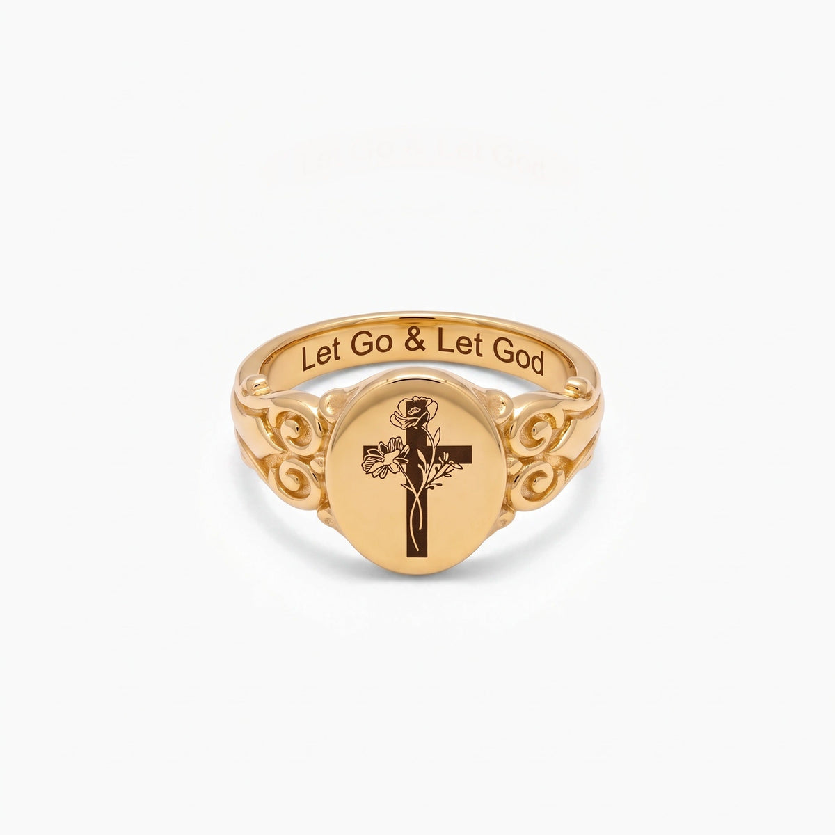 custom birth flower bouquet cross ring with personalized inner engraving custom religious cross signet style ring christian catholic rings