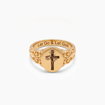 custom birth flower bouquet cross ring with personalized inner engraving custom religious cross signet style ring christian catholic rings