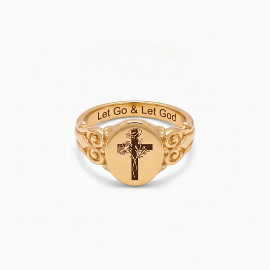 custom birth flower bouquet cross ring with personalized inner engraving custom religious cross signet style ring christian catholic rings
