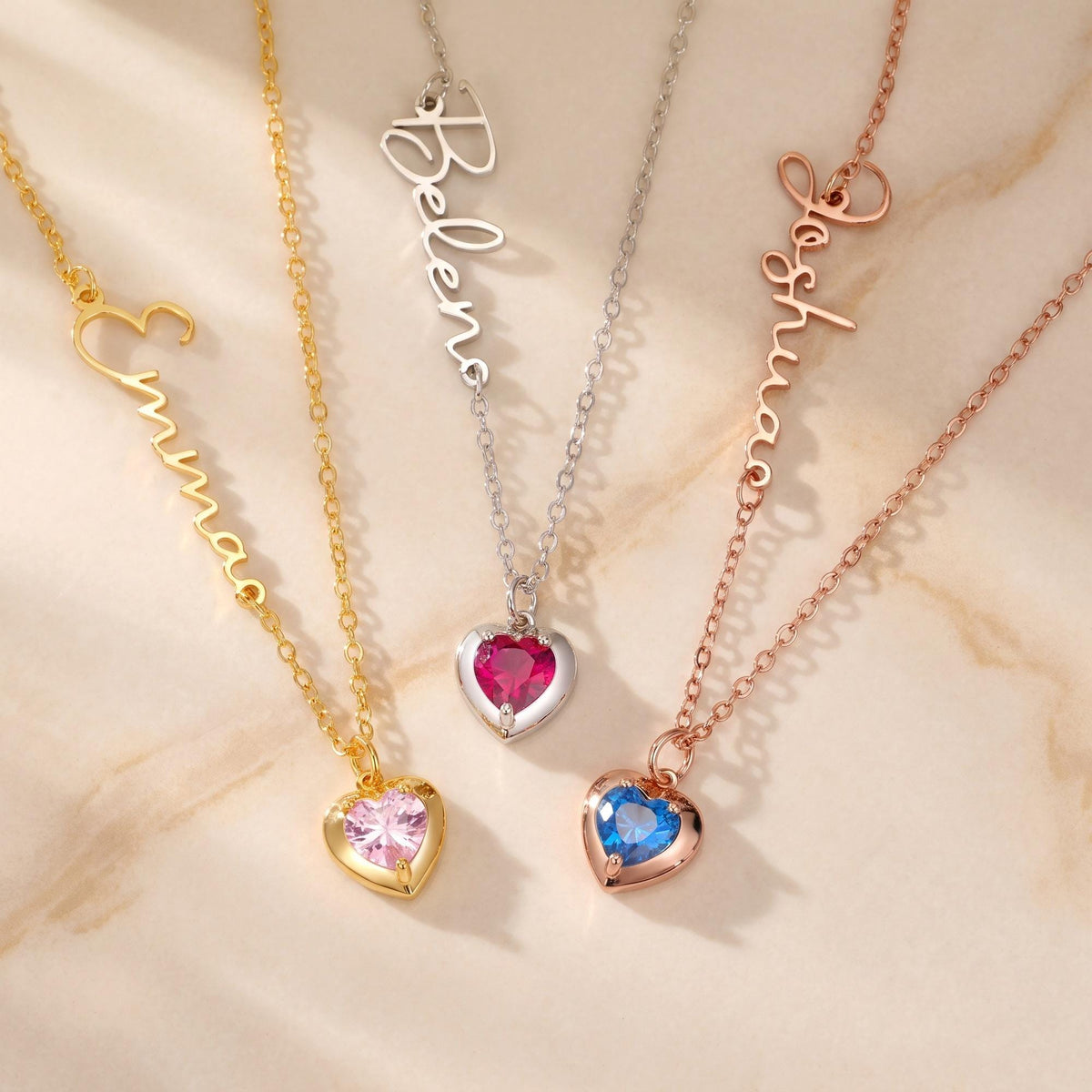 Sideways name necklace with heart birthstone photo 3