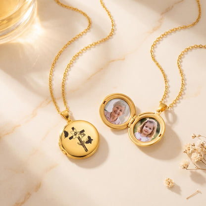 Personalized Birth Flower Cross Locket Necklace with Photo photo 3